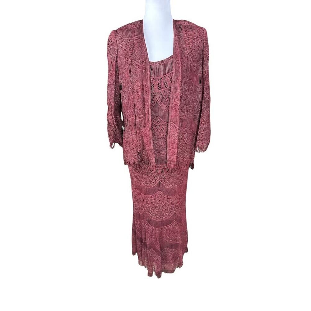 Vintage Damianou 2 Piece Set XL Metallic Burgundy Crochet Lace Maxi Dress Fringe